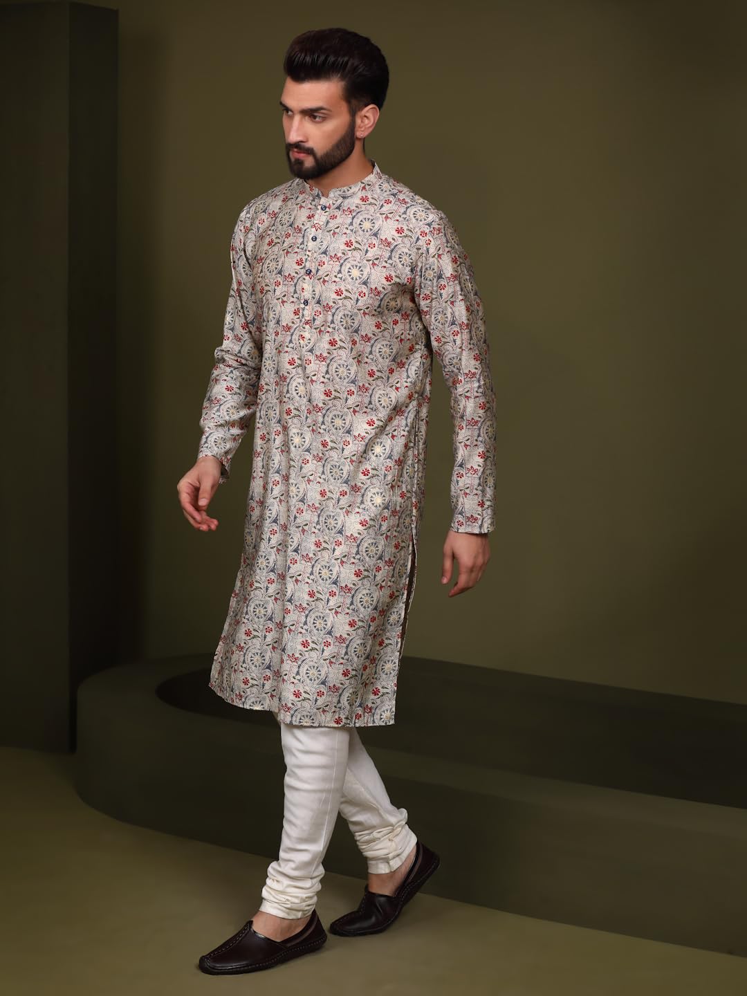 Kisah Men Multicolor Kurta, Cotton, Full Sleaves, Knee Length, Straight, Regular Fit, Mandarin Collar Ethnic Wear