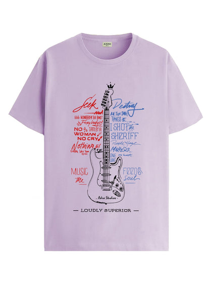 ADRO Guitar Design Printed T-Shirt for Men - 100% Cotton, Regular Fit, Soft Breathable Fabric | RN23-M-GTR-PU