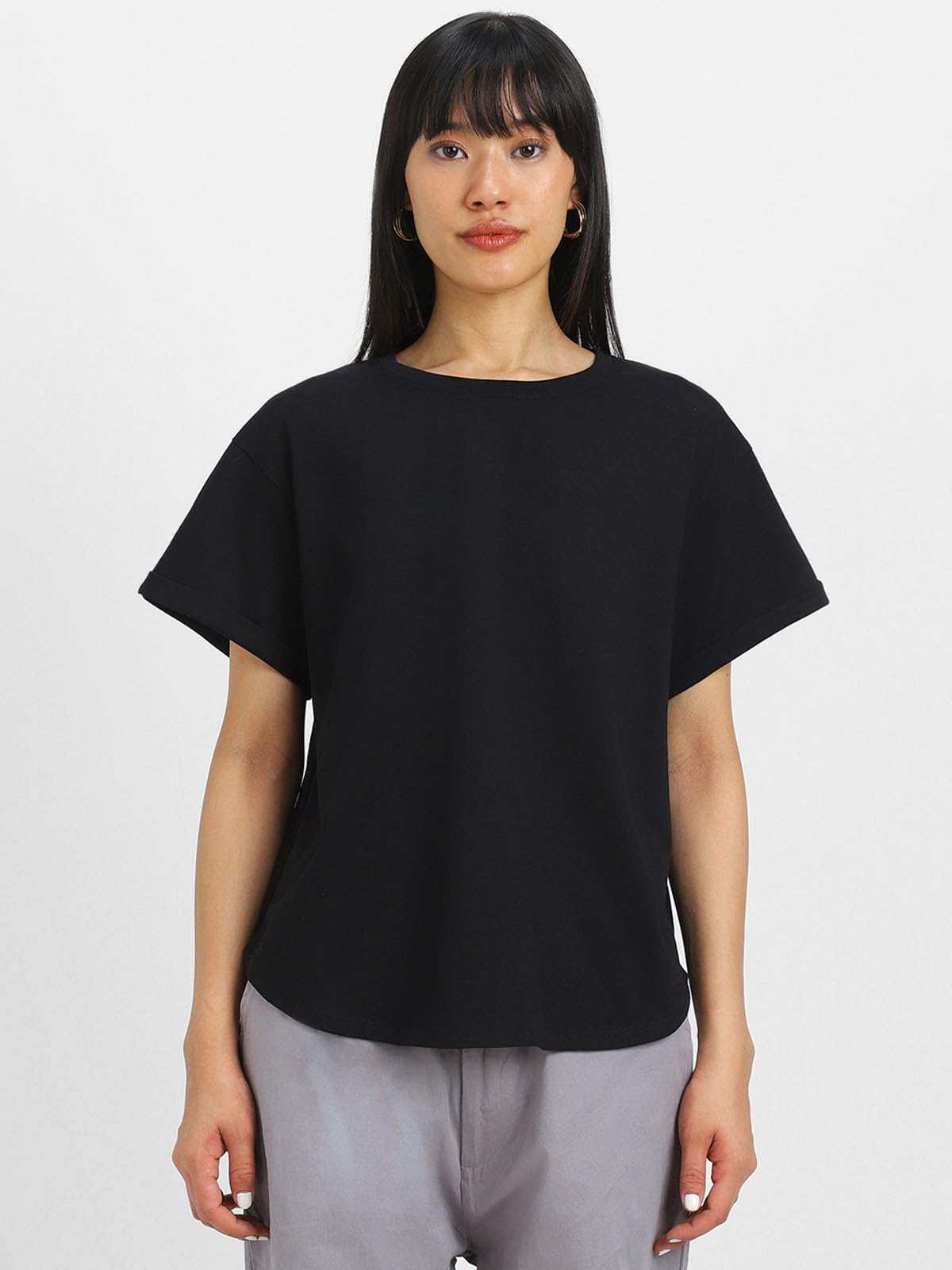 JUNEBERRY Pure 100% Cotton Oversized Loose Baggy Fit Round Neck with Drop Shoulder Black & Cork Half Sleeves Boyfriend T-Shirt f