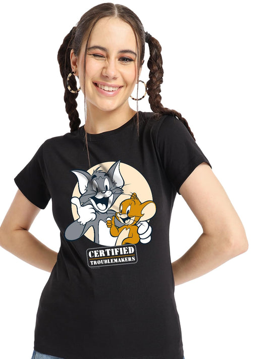 Bewakoof Official Tom & Jerry Merchandise Womens Graphic Printed Regular Fit T-Shirt_ 621368_Black_3XL