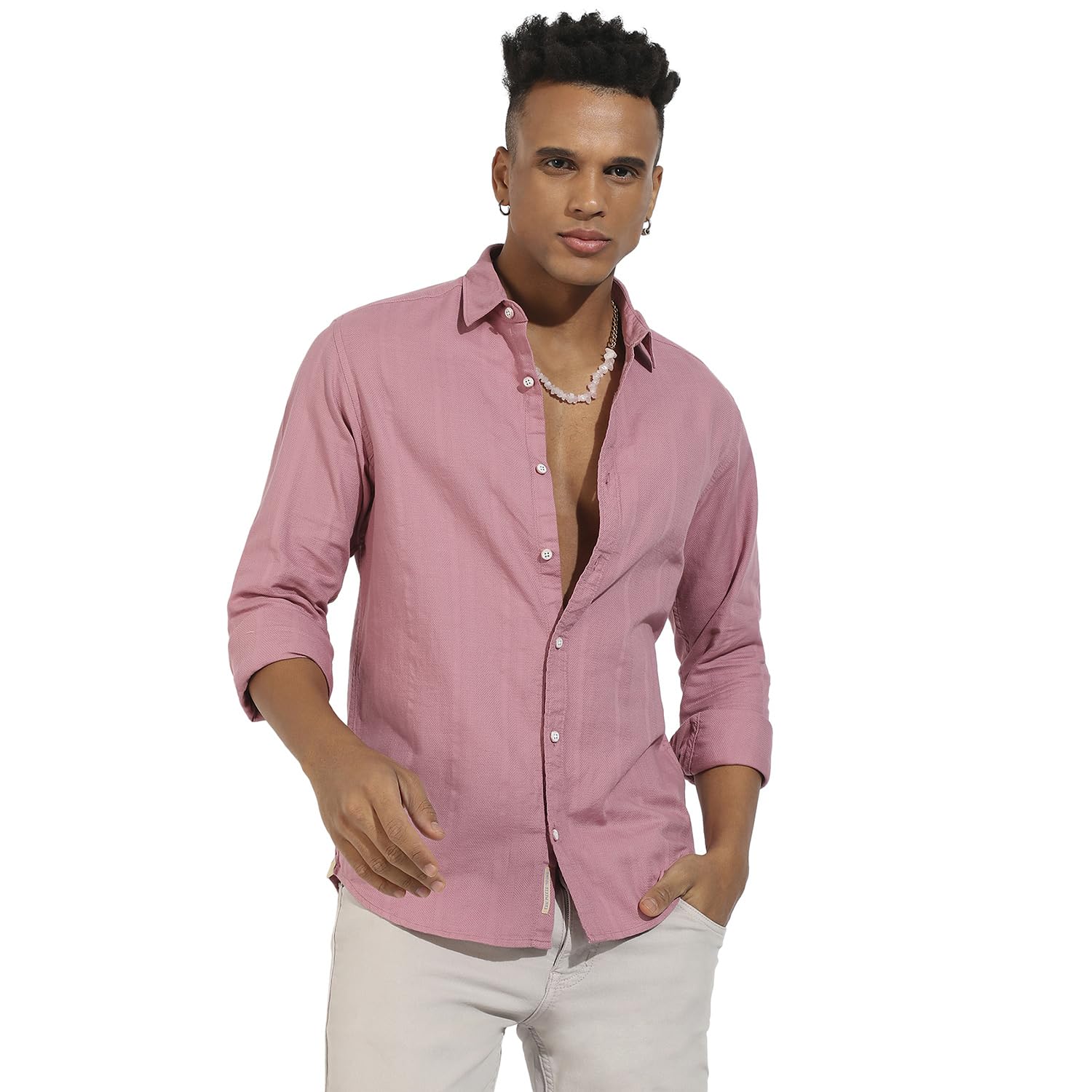 Campus Sutra Mens Regular Fit Shirt (CBSSSM23_CSMSSRT5716_Coral Pink