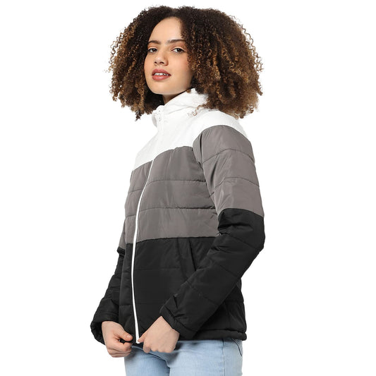 Campus Sutra Women Grey & Black Colour-Blocked Puffer Regular Fit Bomber Jacket For Winter Wear | Standing Collar | Full Sleeve