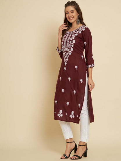 Ekasya WomenS Soft Cotton Slub Floral Embroidered Kurta With Round Neck 3/4 Sleeve Calf Length | Kurti For Women Cotton | E1572