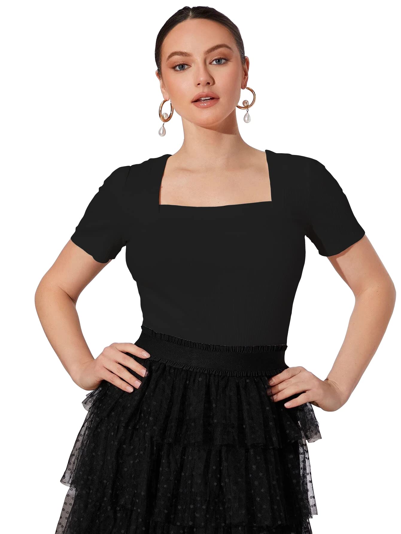 Shasmi Womens & Girls Black and Orange Solid Knitted Square Neck Regular Fit T-Shirts Short Puff Sleeve Tops (52 Pack 2 Black