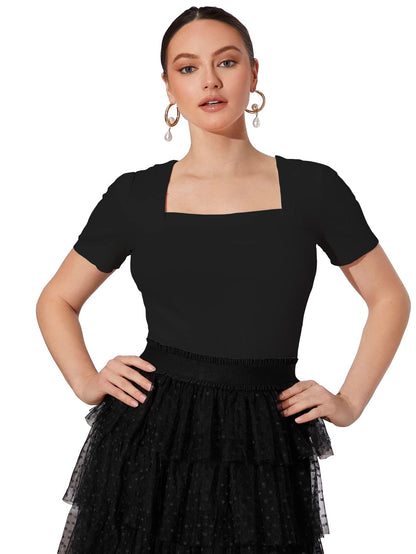 Shasmi Womens & Girls Black and Orange Solid Knitted Square Neck Regular Fit T-Shirts Short Puff Sleeve Tops (52 Pack 2 Black