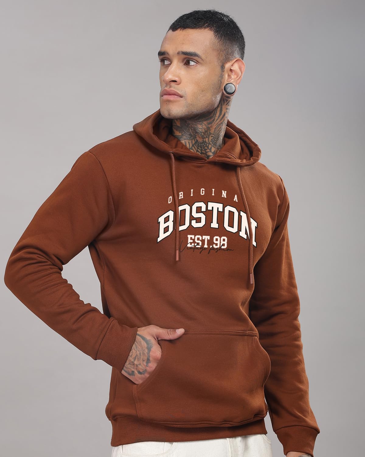 ADRO Men's Cotton Neck Hooded Sweatshirt (H24-BOST-BR_Downtown Brown
