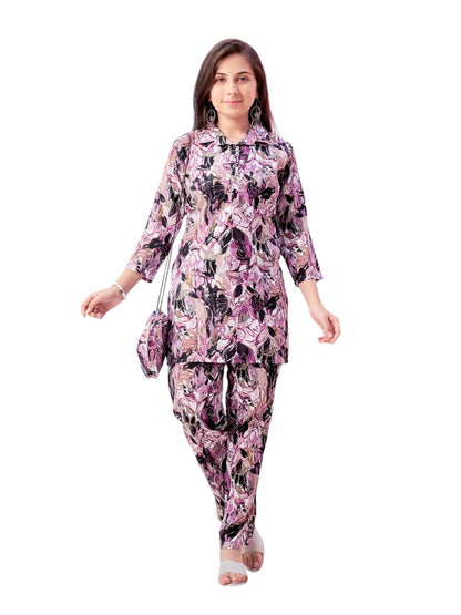 Aarika Girls Casual Wear Wine Colour Floral Print Polyester Co-ord Set-8-15 Years (KP-TR-K-971)