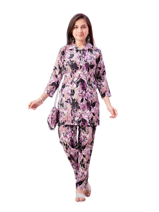 Aarika Girls Casual Wear Wine Colour Floral Print Polyester Co-ord Set-8-15 Years (KP-TR-K-971)