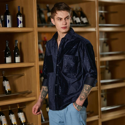 Campus Sutra Mens Navy Blue Cheetah Velvet Oversized Shirt for Casual Wear | Spread Collar | Long Cuffed Sleeves | Button Closu
