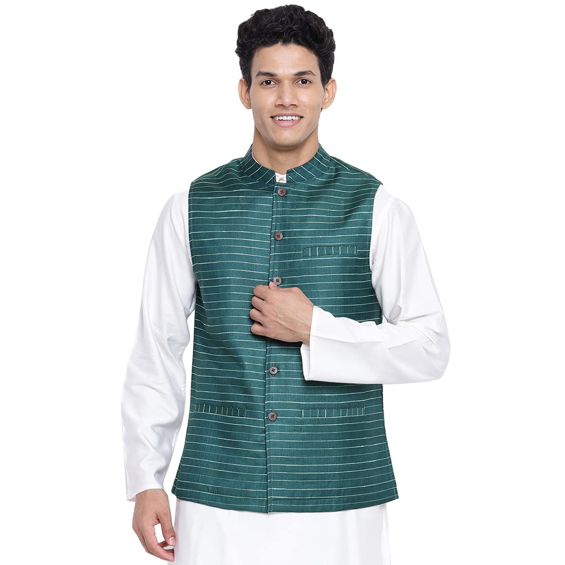 Fabindia Men Viscose Blend Striped Nehru Jacket Green_L