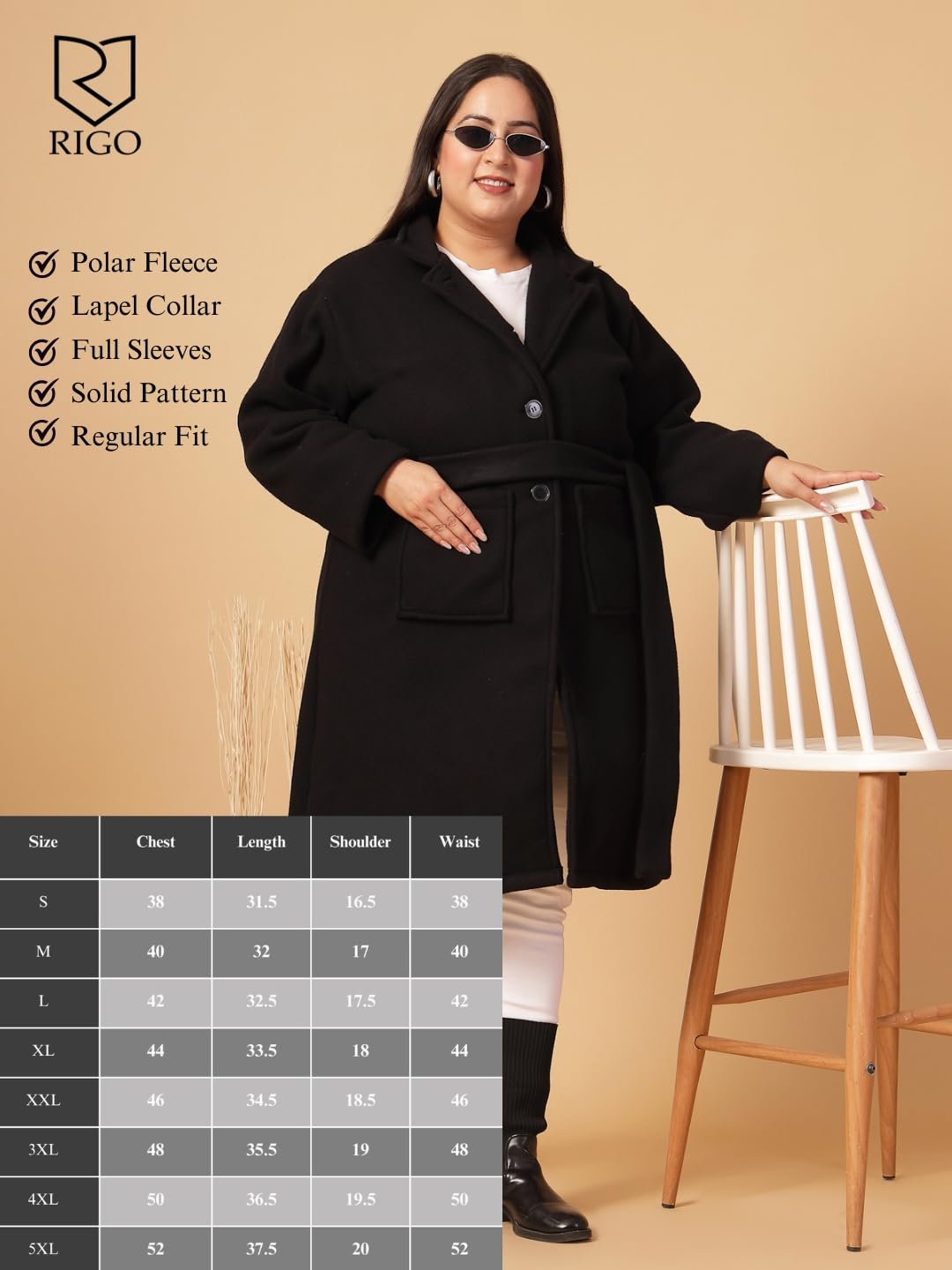 Rigo Cotton Full Sleeves Plus Size Long Overcoat for Women | Plus Size, Lapel Collar Womens Jacket | Winter Wear Over Coat for