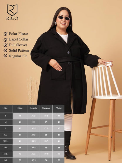 Rigo Cotton Full Sleeves Plus Size Long Overcoat for Women | Plus Size, Lapel Collar Womens Jacket | Winter Wear Over Coat for