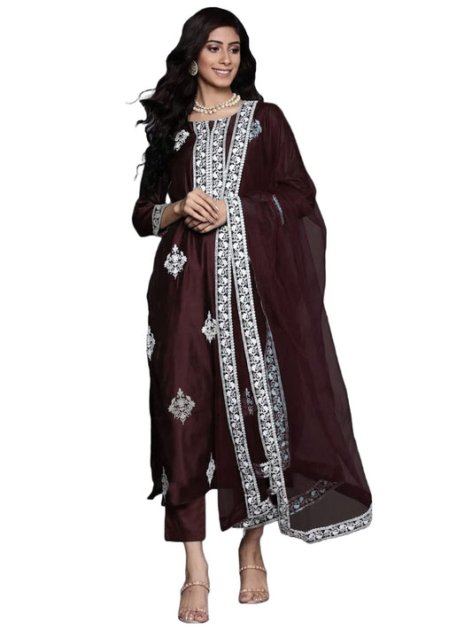 GoSriKi Women's Cotton Blend Straight Embroidered Kurta with Pant & Dupatta (Weekend Wine-Nw2-GS)
