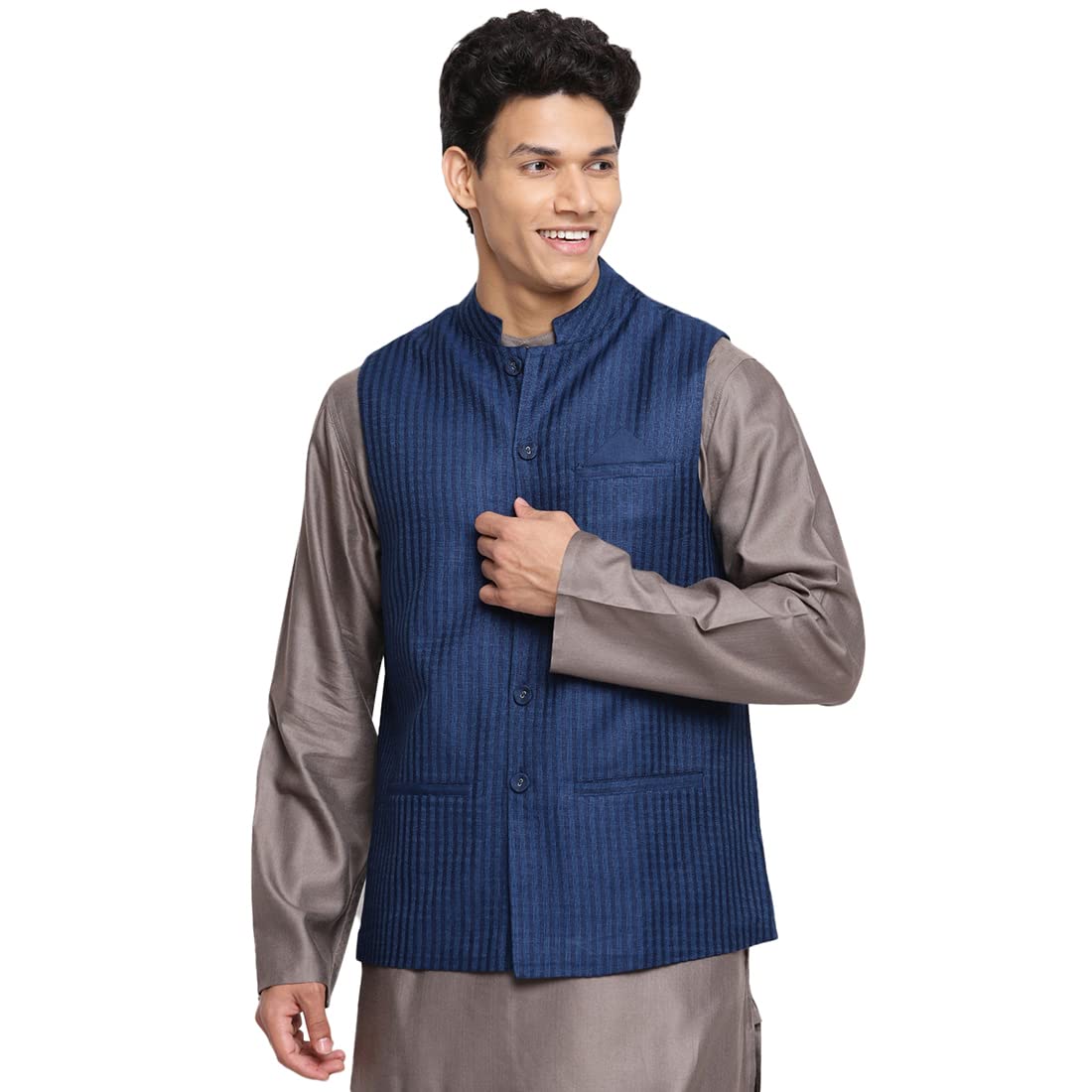 Fabindia Men Viscose Blend Dobby Printed Nehru Jacket Blue_Xl