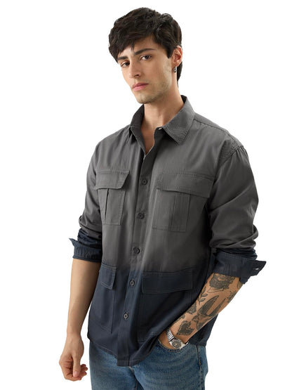 The Souled Store Blue Bonnet Men and Boys Long Sleeves Collared Neck Buttoned Front Regular Fit Cotton Utility Shirts