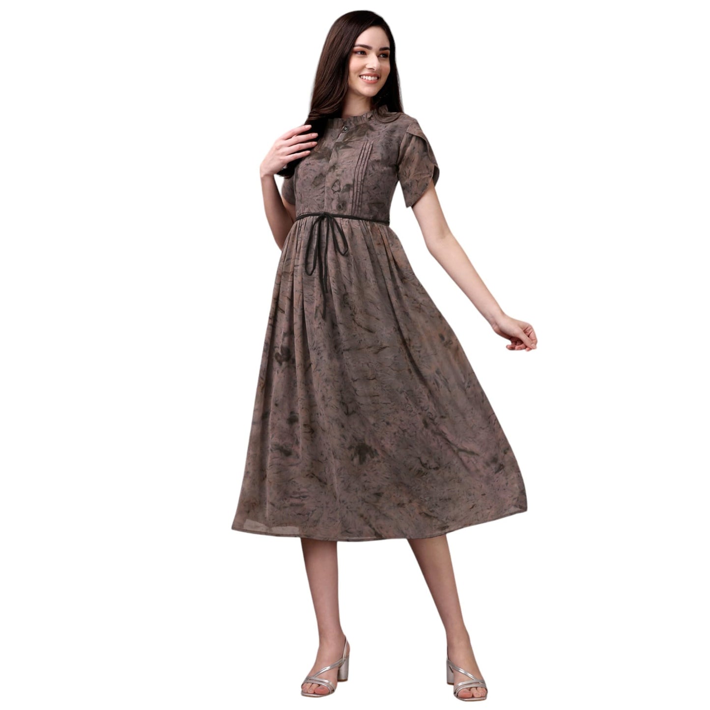 Gufrina WomenS Georgette Midi Dress With Short Sleeves Abstract Printed High Round Neck Knee Length Regular Fit And A Line Styl