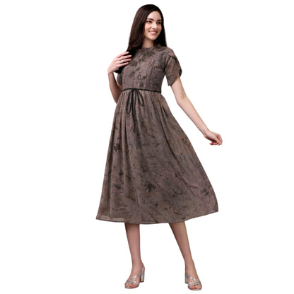 Gufrina WomenS Georgette Midi Dress With Short Sleeves Abstract Printed High Round Neck Knee Length Regular Fit And A Line Styl