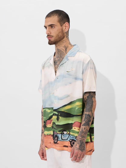 The Souled Store Official Peanuts Originals: Snoopys Drive in Mens and Boys Short Sleeves Collared Neck Button Front Multicolor
