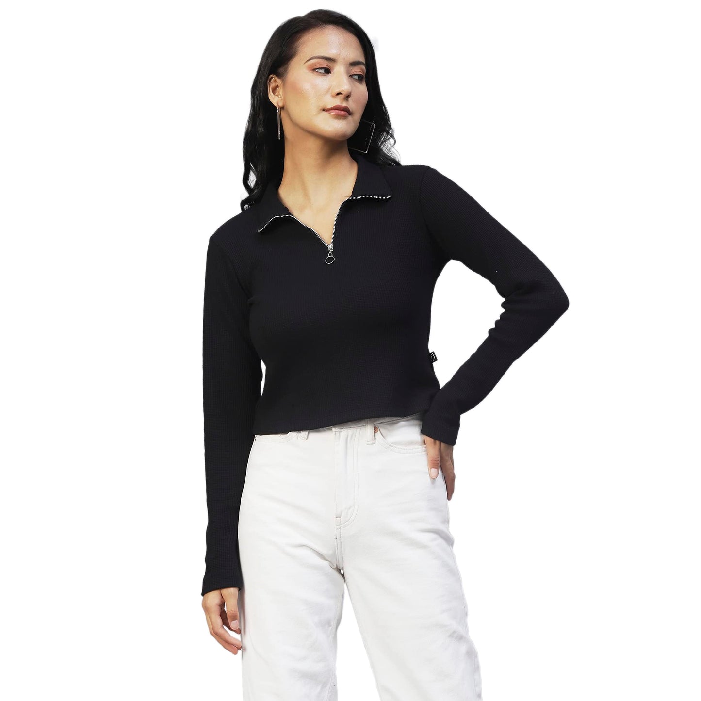 Rigo Women Black High Collar Half Zipper Waffle Knit Top