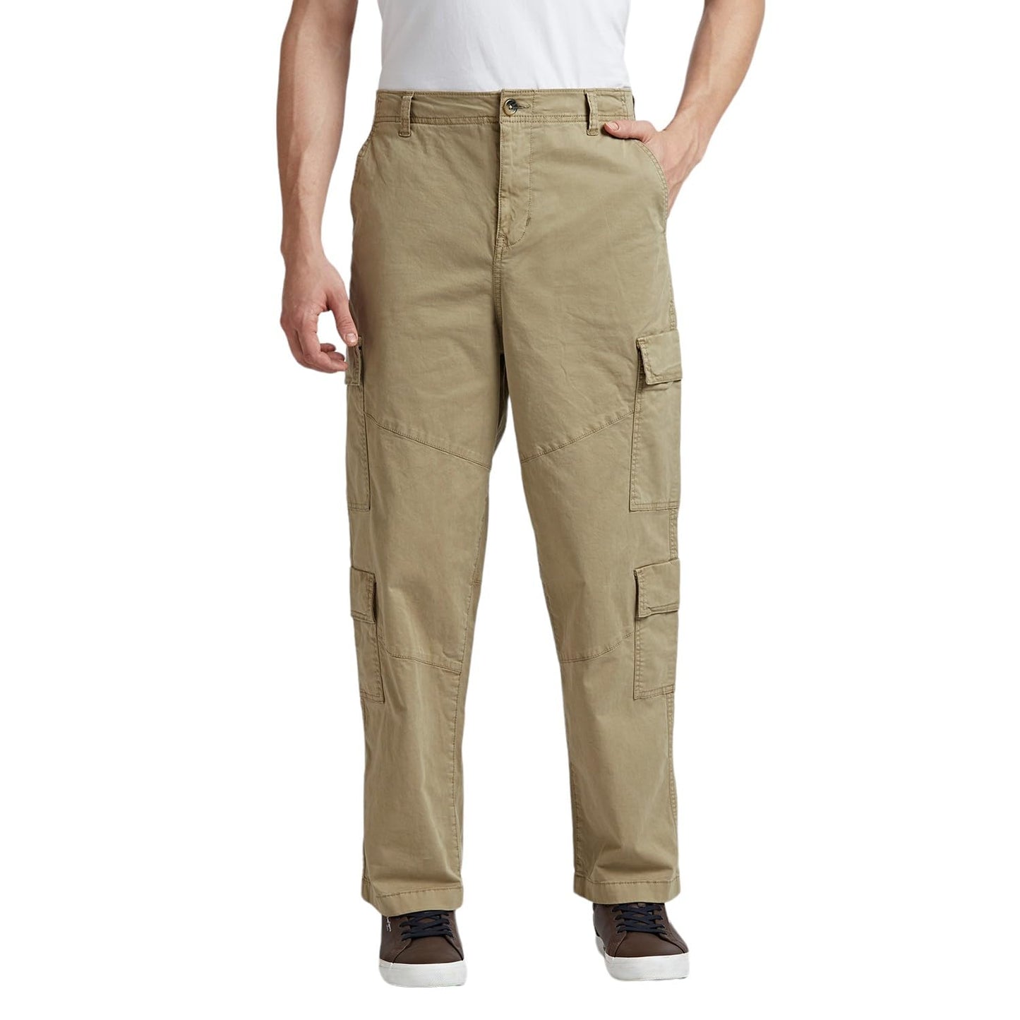 Khaki Mid Waist Baggy Fit Cargo Pants