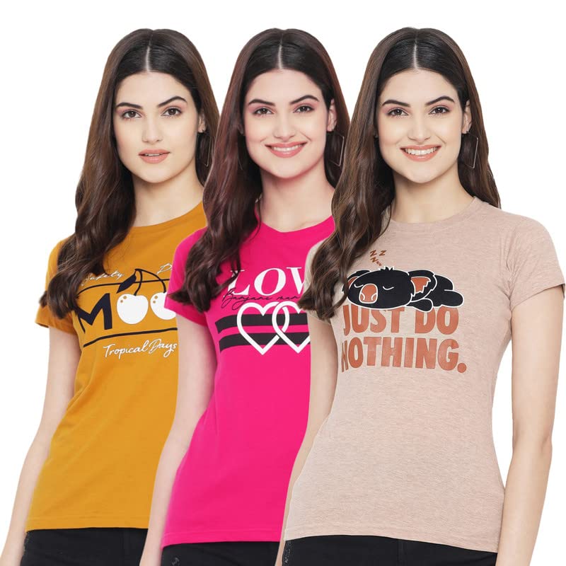 Preneum Womens Cotton Regular Fit Latest Graphic Stylish Printed Short Sleeves Casual T-Shirt || Trend & Styles (Pack 3), Yello