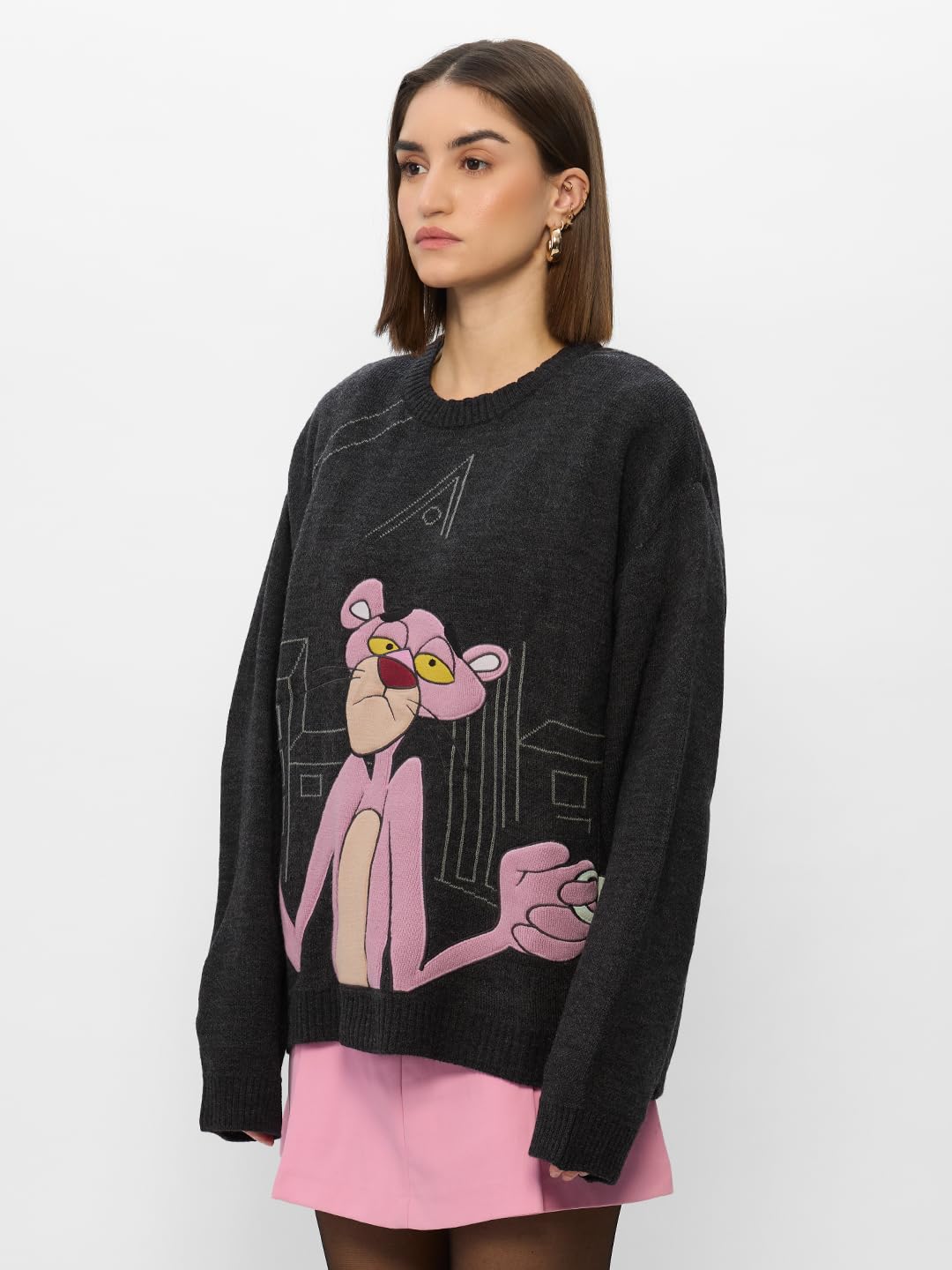 The Souled Store Pink Panther: Unbothered Women and Girls Oversized Sweater