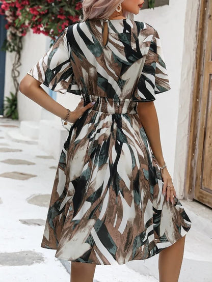 Om Sai Latest Creation Western Dress || Rayon Striped & All Over Printed Dress For Women || Flounce Sleeve Ruffle Flared Dress |
