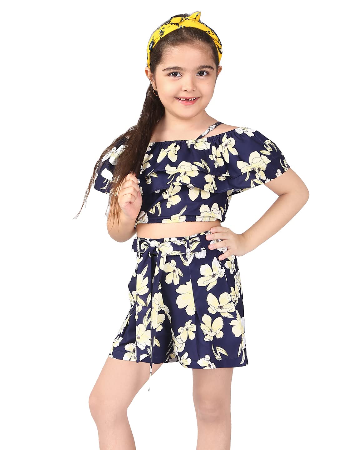 Naughty Ninos Girls Navy Floral Printed Polyester Top With Palazzos(Nn00887Drs)