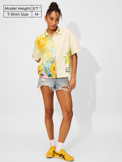 The Souled Store Sunshine Soul Women & Girls Long Sleeve Collared Neck Button Down Regular Fit Cotton Shirts Yellow
