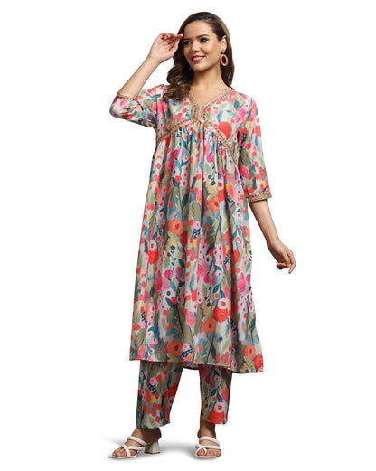 Leriya Fashion Cotton Blend Alia Cut Kurta Set For Women| Alia Cut Anarkali Set | Embroidery Kurta Set For Women| Kurta With Pan