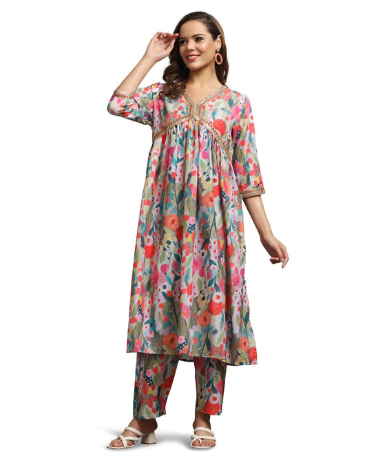 Leriya Fashion Cotton Blend Alia Cut Kurta Set For Women| Alia Cut Anarkali Set | Embroidery Kurta Set For Women| Kurta With Pan