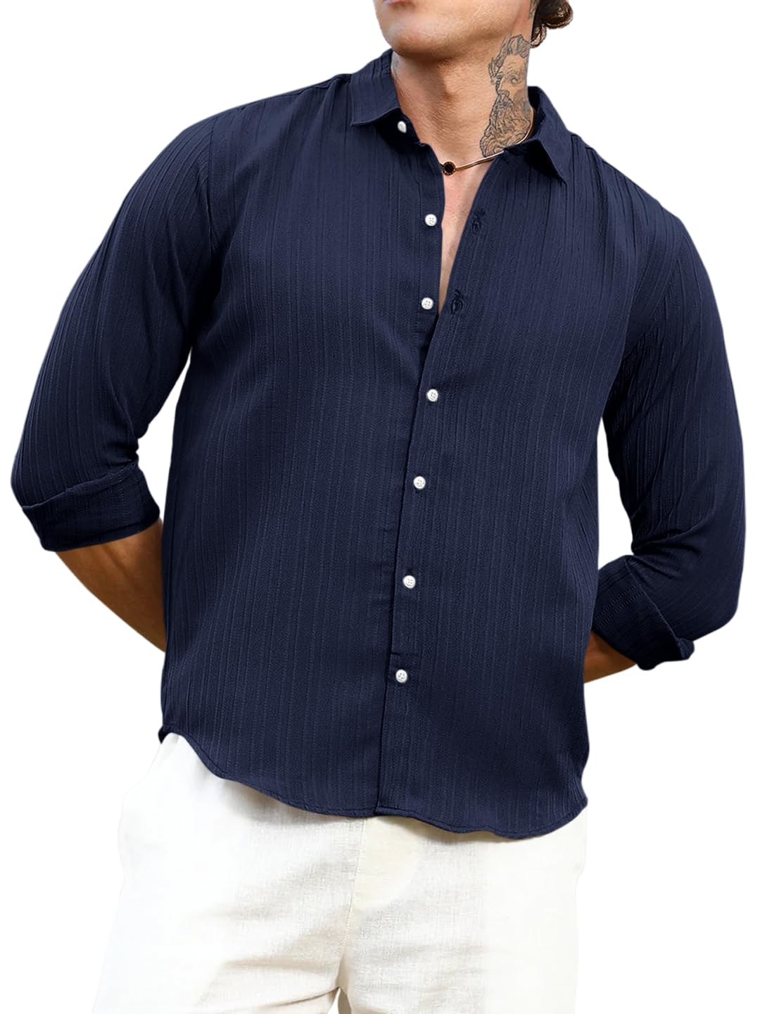 Finivo Fashion MenS Striped Cotton Casual Button Down Shirts Long Sleeve Textured Summer Beach Shirt For Men Navy