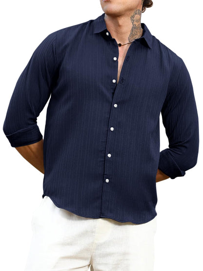 Finivo Fashion MenS Striped Cotton Casual Button Down Shirts Long Sleeve Textured Summer Beach Shirt For Men Navy