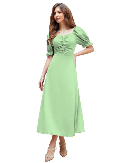 Shasmi GirlS & WomenS Solid Pista A-Line Ruched Puff Sleeve Maxi Long Evening One Piece Long Dress For Women Stylish (Dress 13