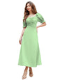 Shasmi GirlS & WomenS Solid Pista A-Line Ruched Puff Sleeve Maxi Long Evening One Piece Long Dress For Women Stylish (Dress 13