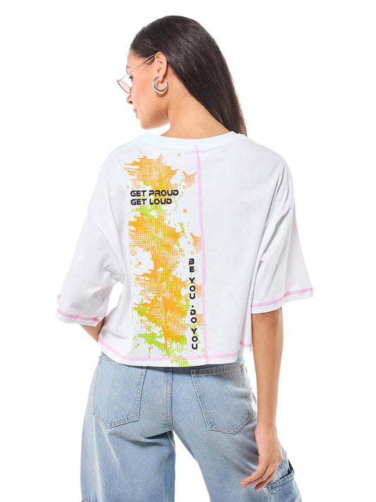 Bewakoof Womens Graphic Printed Oversized Fit Half Sleeve Round Neck Pure Cotton Short Top_636785_White_M
