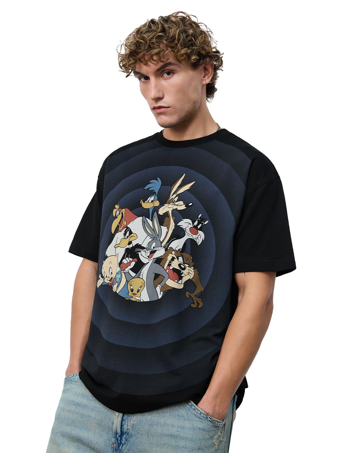 The Souled Store Looney Tunes: Going in Circles Men and Boys Short Sleeves Round Neck Black Graphic Printed Cotton Oversized T-S