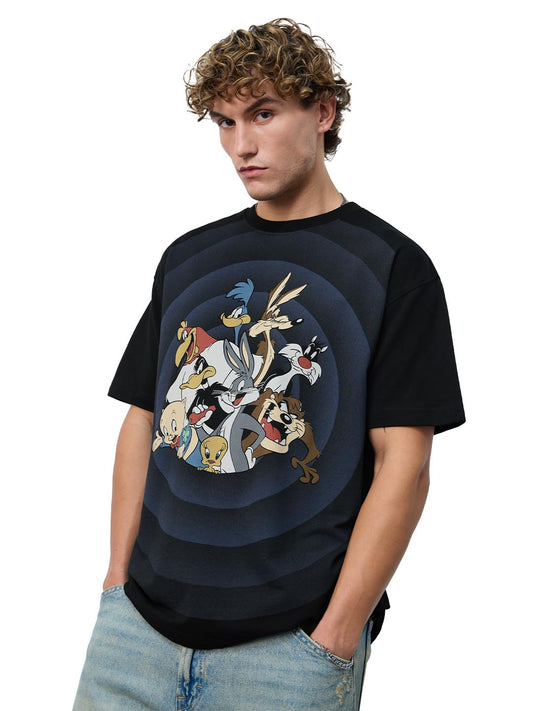 The Souled Store Looney Tunes: Going in Circles Men and Boys Short Sleeves Round Neck Black Graphic Printed Cotton Oversized T-S