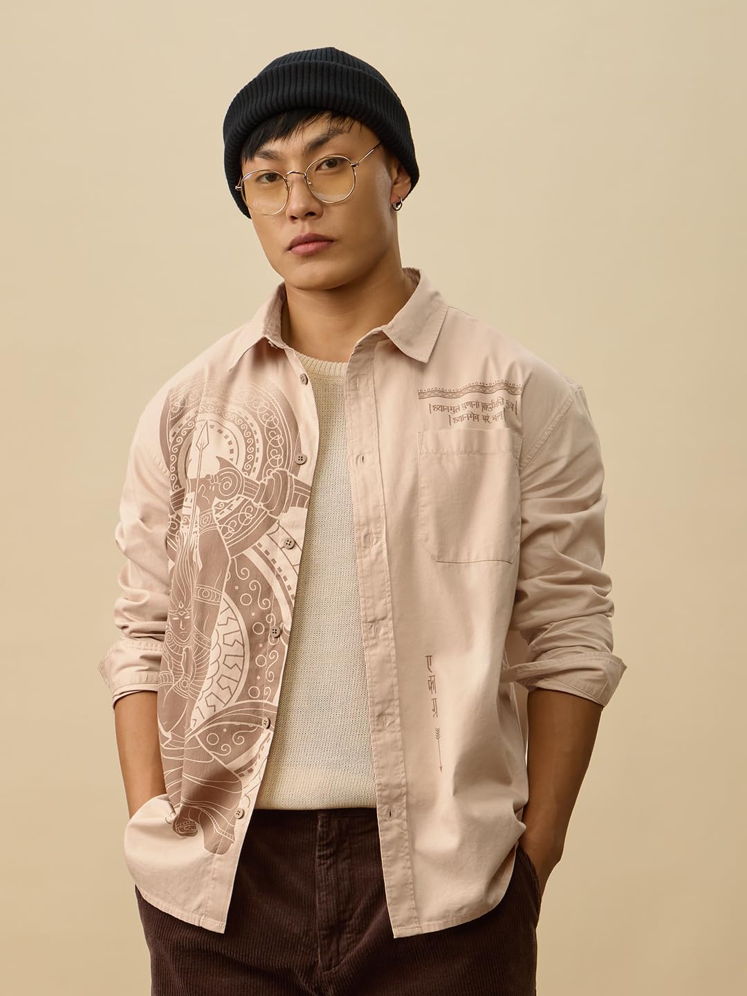 The Souled Store The Mythical Archer Men and Boys Long Sleeve Collared Neck Button Down Linen Relaxed Fit Check Shirts Beige