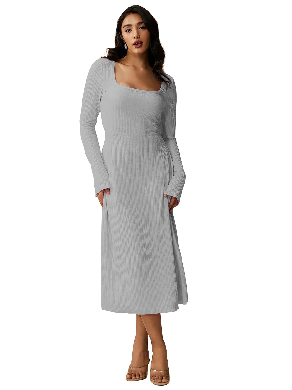Shasmi Womens Grey Square Neck A-Line Dress  Long Sleeve, Tie Waist, Knitted Stretchable, Casual & Office Outfit, Solid Winter M