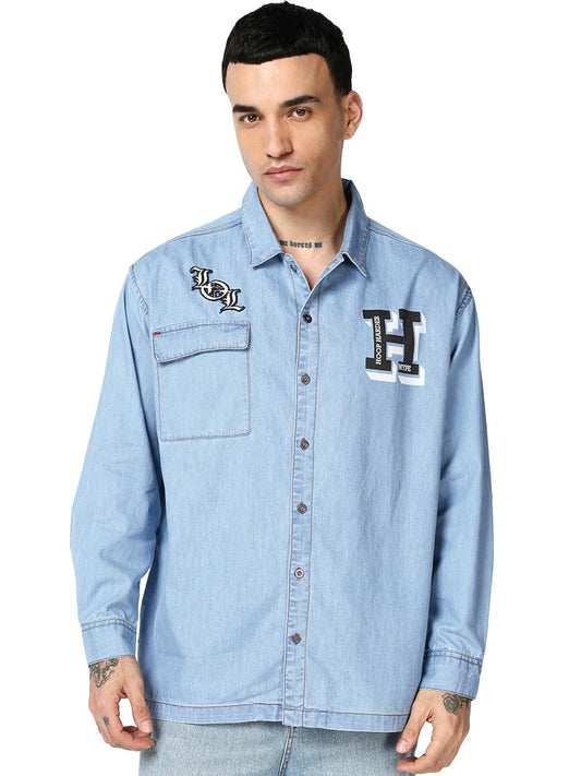 Bewakoof MenS Typography Oversized Fit Full Sleeve Collar Pure Cotton Jacket_685282_Blue_Xl