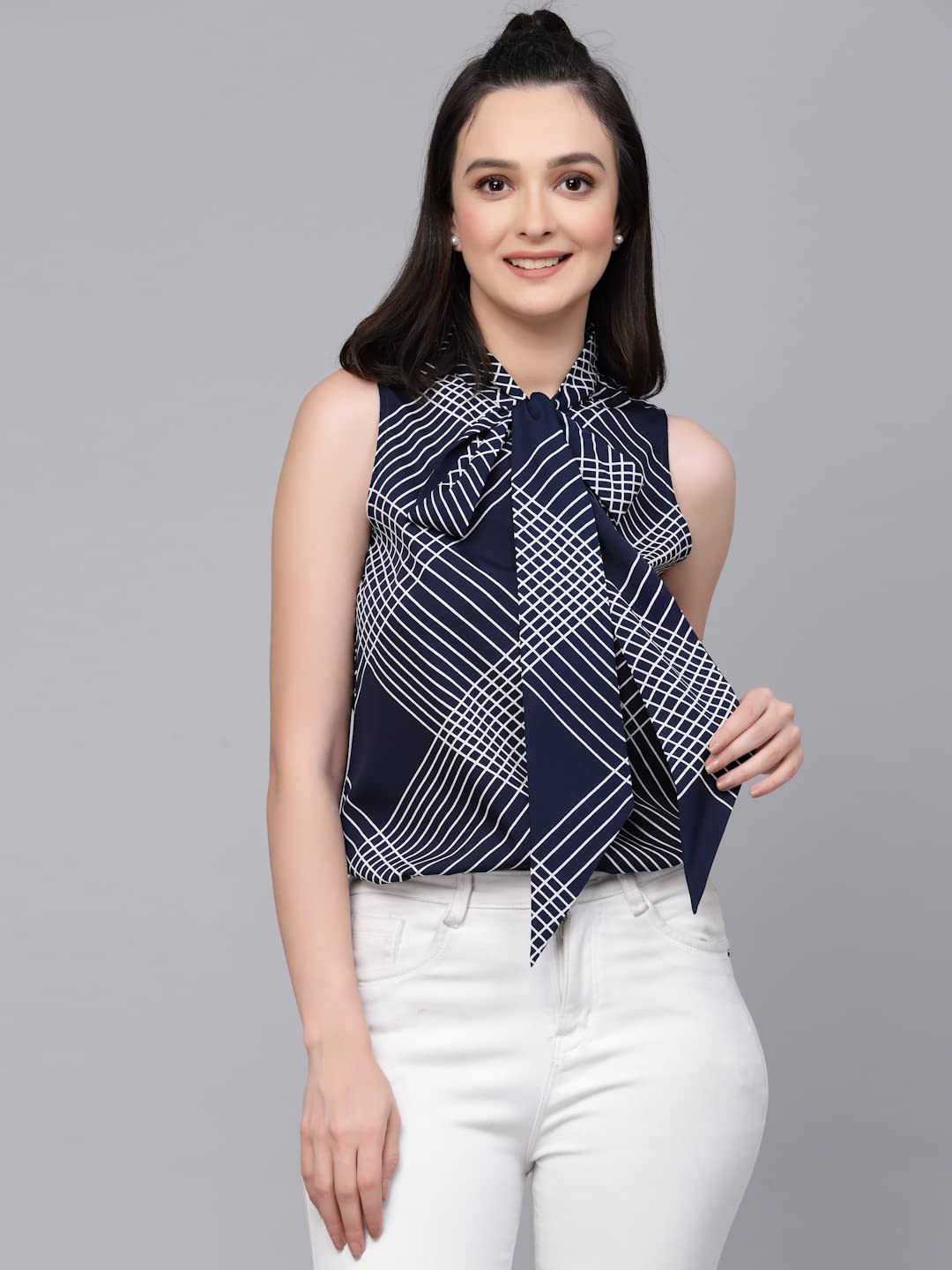 Style Quotient Women Navy and White Geometric Printed Regular Smart Casual Top