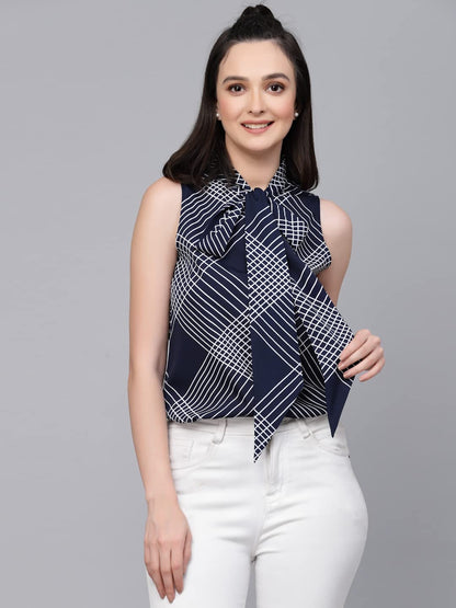 Style Quotient Women Navy and White Geometric Printed Regular Smart Casual Top