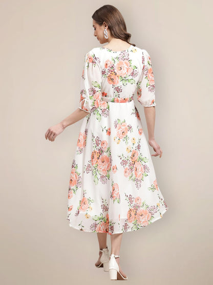 Preneum WomenS Maxi Fit & Flare Latest Style Print Georgette Regular Sleeves Casual Maxi Dress || Summer Dress Festival & Occas