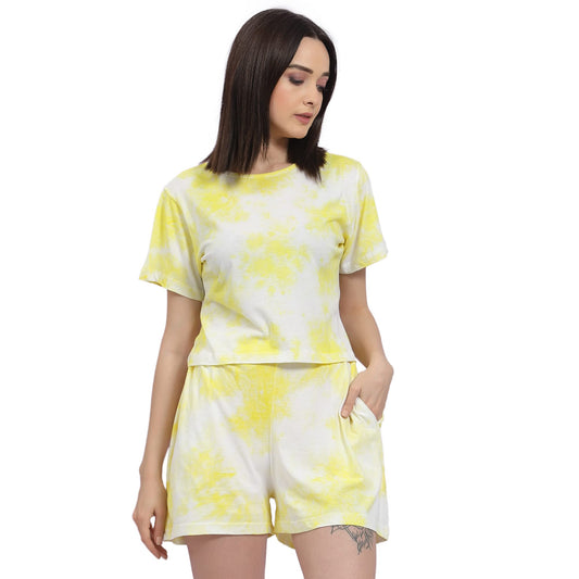 Rigo Women Yellow Tie & Dye Jersey Half Sleeves Co-ord