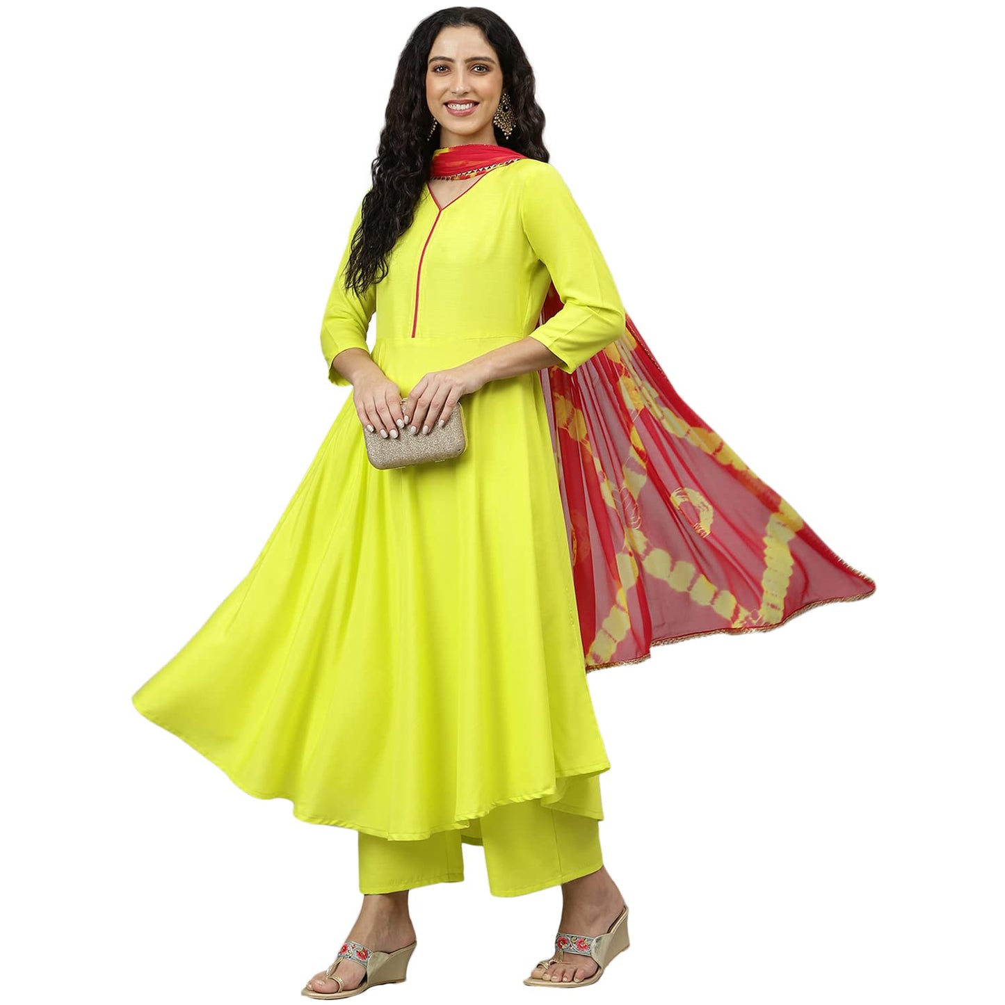 ANNI DESIGNER Womens Cotton Blend Printed Anarkali Kurta, Pant & Dupatta (Punji New Yellow_M_Yellow_Medium)