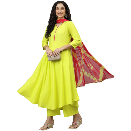 ANNI DESIGNER Womens Cotton Blend Printed Anarkali Kurta, Pant & Dupatta (Punji New Yellow_M_Yellow_Medium)