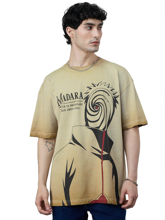 The Souled Store Naruto Shippuden: Madaras Disguise Men and Boys Short Sleeves Round Neck Beige Graphic Printed Cotton Oversized