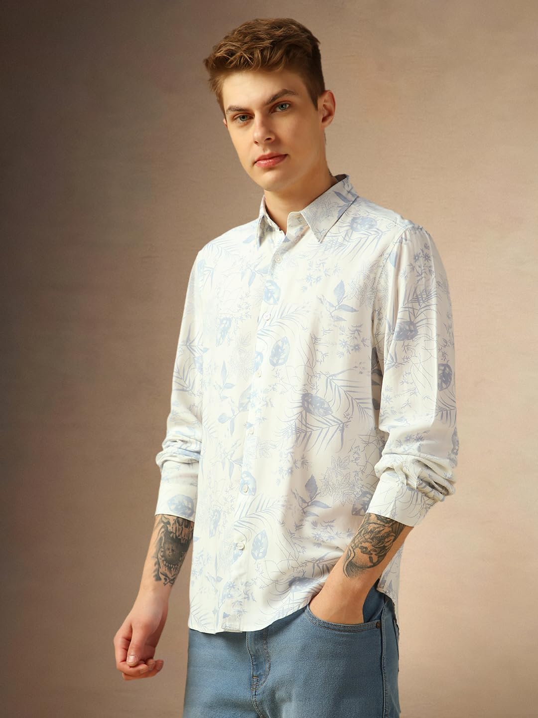 Dennis Lingo Men Printed Cotton Regular Fit Full Sleeve Shirts Blue