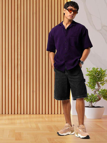 Tee Projekt Mens Regular Fit Popcorn Shirt Half Sleeve Spraed Collar Shirt Purple